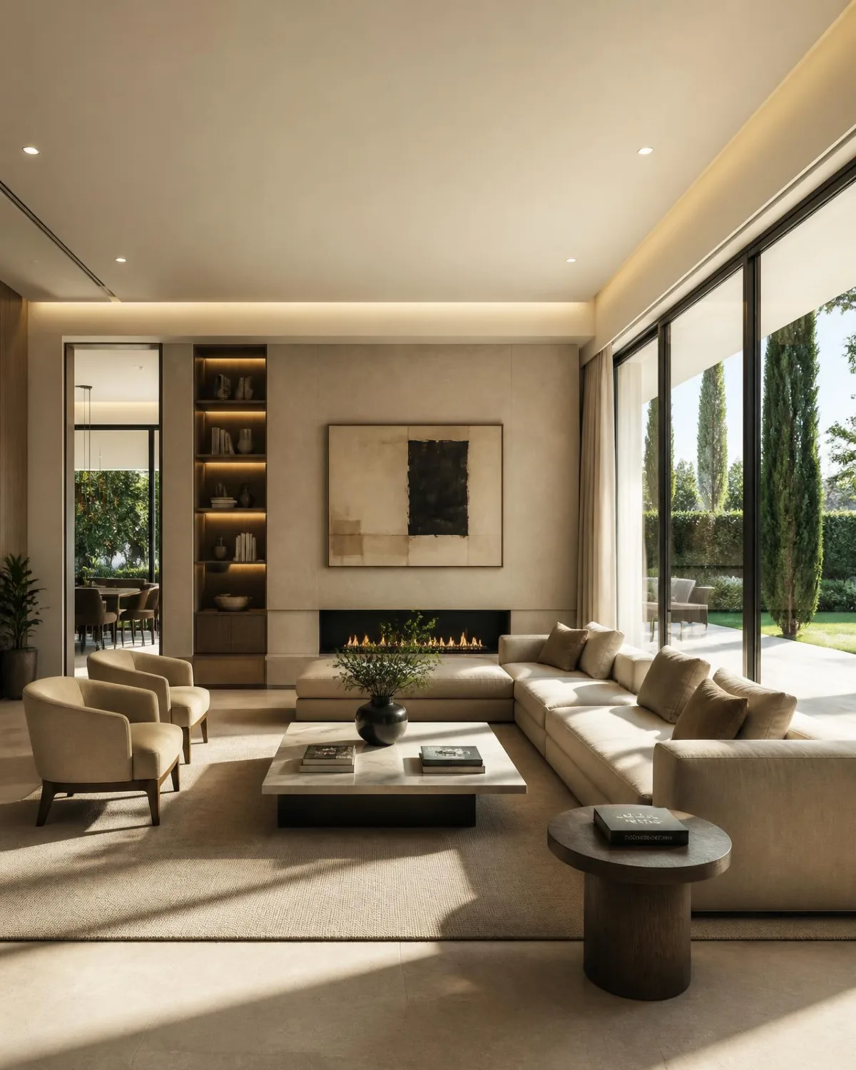 Séjour contemporain aux tons clairs, ouvert sur le jardin par de grandes baies vitrées.
