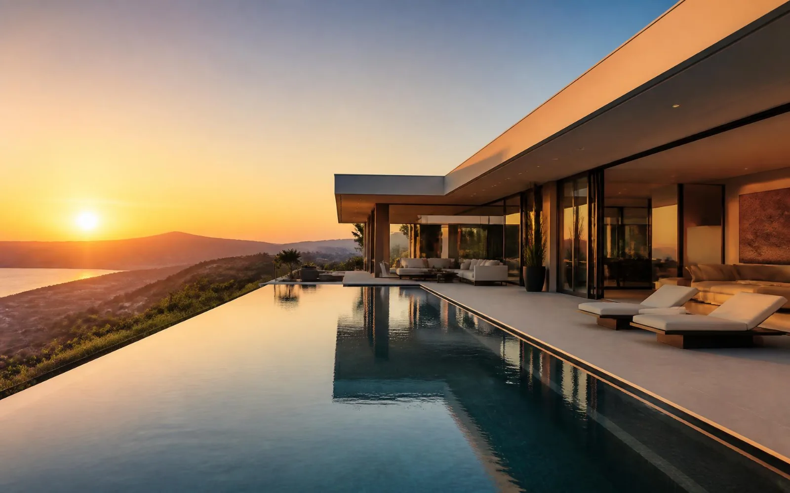 Villa contemporaine et sa piscine à débordement au coucher du soleil.